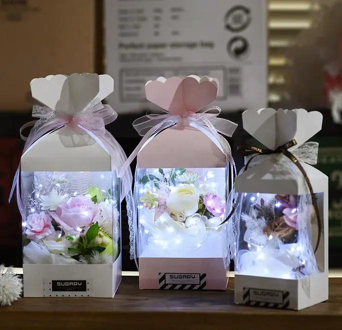 Caixa de papel floral portátil, caixa quadrada transparente com janela de pvc para presente de embalagem de rosas