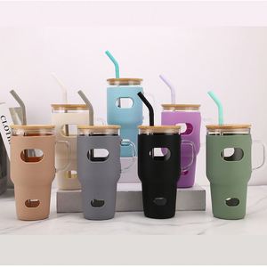 Light Travel Car Glass Mug 32oz Removable Pastel Silicone Wrap High Borosilicate Glass Leak Resistant Bamboo Straw Lid - Product Image 2