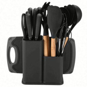 19-Piece Sustainable Silicone Kitchenware <b>Set</b> Wooden Handle Non-Stick Cooking Scoop Multi-Functional Integrated <b>Knife</b> Storage - Product Image 6