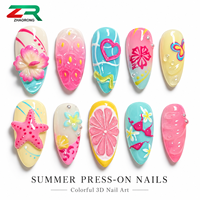 Kuku Palsu Summer Almond Press On Nail 3D Motif Bunga Bintang Laut Hati Buah Nail Art Mengkilap Pink Biru Kuning untuk Wanita Liburan Pantai