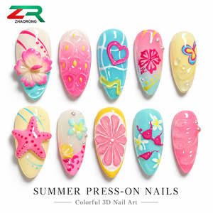 Faux <span class=keywords><strong>ongles</strong></span> d'été à presser, motifs fleurs 3D, étoiles de mer, cœurs, fruits, brillants rose, bleu, jaune, pour femmes, vacances à la plage - Product Image 1