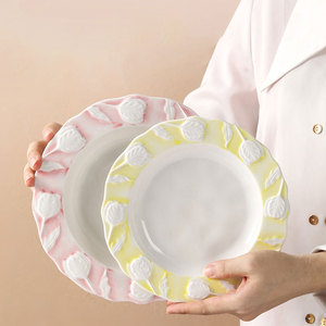 <span class=keywords><strong>Vajilla</strong></span> de cerámica de tulipán, serie con plato de cena para ensalada, plato Floral de estilo lujoso en relieve, estilo coreano Ins - Product Image 2