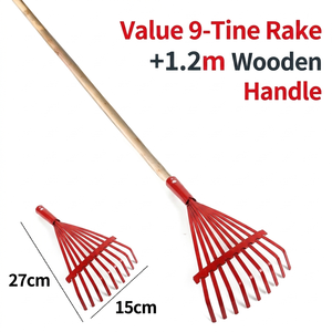 Râteau à feuilles et à herbe en fil d'acier au carbone, balai à feuilles, manche télescopique en bois rouge et acier inoxydable 1,2 m, 9 dents - Product Image 3