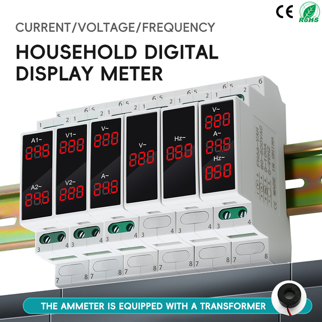 DIN 35mm Rail Single Phase Three Phase AC 80-500V 220V 380V Modular LED Digital Display Voltmeter Ammeter Frequency (Hz) Meter