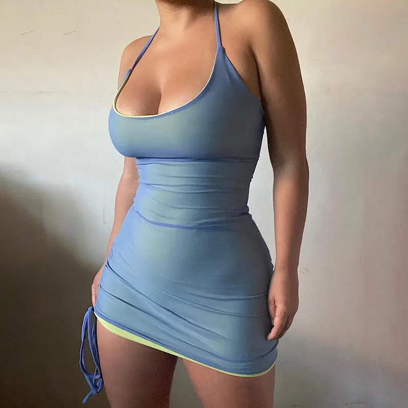 Custom Summer Female Clothing Sexy Spaghetti Strap Dress In Bright Color Design Bandage Drawstring Dress