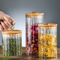 Frasco de Vidrio con Rayas Verticales y Tapa de Bambú, Anillo Metálico, Recipiente de Vidrio de Borosilicato para Té, Alimentos Secos, Almacenamiento de Cocina