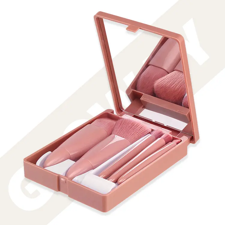 Logo personnalisé populaire 5 pièces voyage Mini fond de teint synthétique visage poudre kit de pinceaux miroir cosmétique pinceaux de maquillage ensemble avec étui