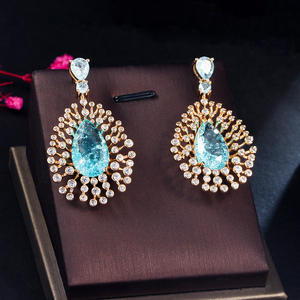 Parlak açık mavi su damlası kırık buzlu Out kübik zirkon Dangle yuvarlak uzun büyük gözyaşı küpe kadınlar için parti balo takı - Product Image 4