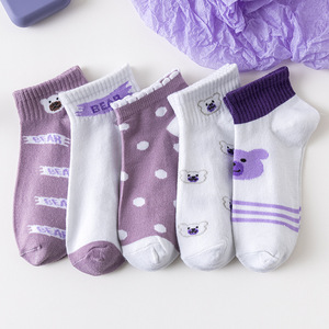 Women's Summer Thin Purple Bear Ankle Socks Breathable Sweat-Absorbing Cartoon Design For Students Sports Casual Wear - Product Image 3