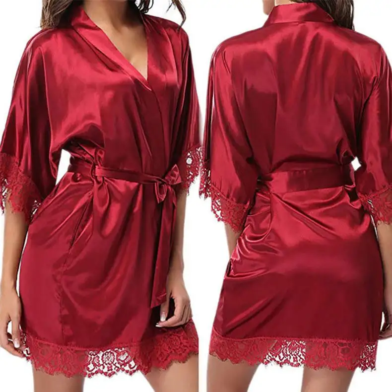 Sexy Sleepwear Lingerie Night Mini Solid Women Plus Size Nightdress Satin Lace Dress V Neck Nightgown Bath Robe Gown Nuisette