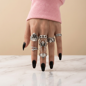 Vintage Punk Totenkopf Spinnen Schlangen Ringe Set für Damen Herren Gotischer Halloween-Schmuck 7-teiliges Legierungs-Knöchelring-Set - Product Image 5