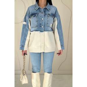 Veste en jean bleue avec dos en tricot contrastant, vêtements d'extérieur décontractés pour femmes - Product Image 2