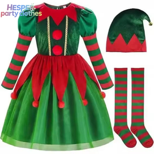 HESPER High Quality Elf Costume for Kids Green Santa Little Helper Kids Christmas Elf Dress Suit for Girls - Product Image 1
