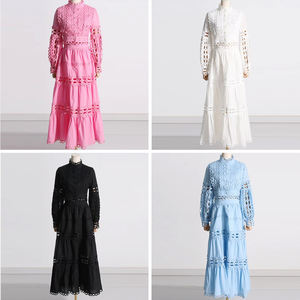 เดรสลูกไม้ถักโครเชต์แขนยาวคอสูงทรงวินเทจสำหรับผู้หญิง ผลิตจากผ้าสแปนเด็กซ์/คอตตอน เป็นมิตรต่อสิ่งแวดล้อม แต่งระบายชั้นๆ พร้อมดีไซน์เว้าลายฉลุ - Product Image 3