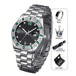 Black Luxury Men Diamond Calendar Quartz <strong>Watch</strong> <strong>Gift</strong> <strong>Set</strong> With Ring Brooch Wholesale Manufacturer - Product Image 1