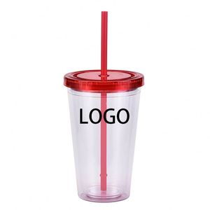 Offre Spéciale – Gobelet personnalisé avec logo imprimé, 16 oz, double paroi, en plastique acrylique transparent, avec trou et paille - Product Image 3