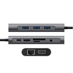 Hub multifonction 11 ports <span class=keywords><strong>USB</strong></span>-<span class=keywords><strong>C</strong></span> en alliage d'aluminium avec 4 ports <span class=keywords><strong>USB</strong></span> 3.0, 3,5 mm AUX, SD/Micro SD, VGA/<span class=keywords><strong>LAN</strong></span> - En stock - Product Image 1