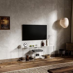 Mesa de consola central de entretenimiento transparente de 3 niveles acrílica de 55 pulgadas, estantes de almacenamiento abiertos, soporte de TV de 55,1 ''L X 15,7' 'W X 22,4 ''H para - Product Image 6