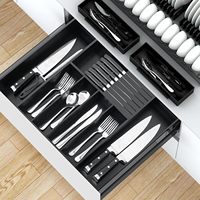 Organisateur de tiroir à couverts en bambou noir, extensible, pour cuisine, avec bloc à couteaux et plateau à couverts