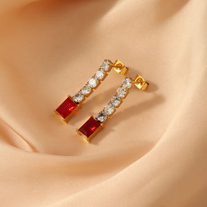 أقراط عصرية مطلية بالذهب عيار 18 من الفولاذ المقاوم للصدأ ، أقراط فاخرة مربعة من الياقوت والزمرد والشرابة قطرة ماء من الزركون - Product Image 5