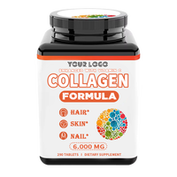 Compléments de collagène avancés 6000mg, vitamine C, antioxydant, comprimés de collagène à base de plantes pour la peau, les cheveux et les ongles, 60 comprimés par flacon