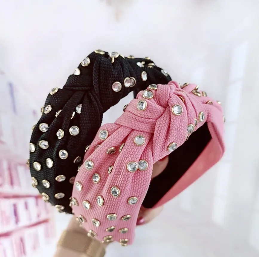 Chất Lượng Cao Thời Trang Pha Lê Thắt Nút Headbands Phụ Nữ Waffle Thanh Lịch Đảng Tóc Hoops Handmade Rhinestone Vải Hairbands