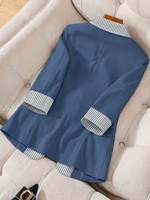 Blazer bleu poussière pour femme avec revers et poignets rayés contrastants, veste de costume à un bouton, manteau de bureau à manches longues