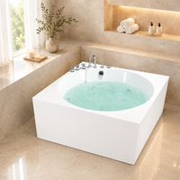 Baignoire balnéo carrée murale avec cuve de trempage ronde et robinet à poignée croisée 1300x1300mm