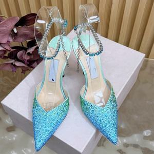 Luxury <b>point</b> <b>toe</b> Gradient blue rhinestone stiletto heels for women summer dress shoes party shoes high heels for ladies - Product Image 2