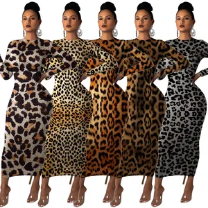 S1536 Best selling leopard V-neck high waist bandage irregular dress women's clothing