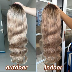 Parrucche all'ingrosso Ombre Brown Roots Ash Blonde in <span class=keywords><strong>Capelli</strong></span> Umani, Parrucca Frontale in Pizzo HD 13x6 Body Wave per <span class=keywords><strong>Donna</strong></span>, Senza Colla, con Pizzo Trasparente - Product Image 5