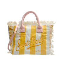Sac fourre-tout en toile à franges pour femme, sac à bandoulière d'été pour la plage, sac à main à logo brodé, imprimé léopard rayé