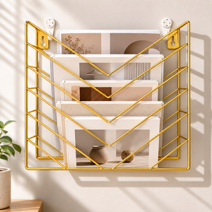 Wall Mounted Metal Magazine Rack Gold Minimalist Design Multi Tier Storage Shelf For Home Office No Drilling Required - Product Image 1