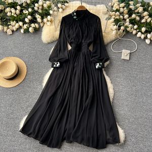 Nuova moda europea elegante tinta unita colletto alto manica lunga abito brillante donna abiti Midi <span class=keywords><strong>abbigliamento</strong></span> - Product Image 2