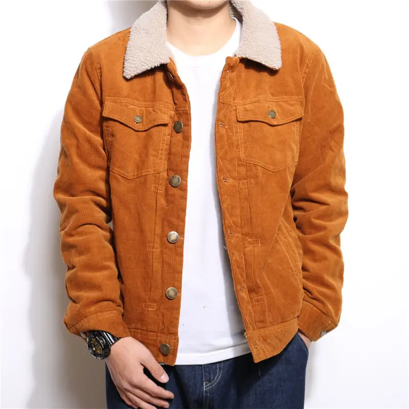OEM Design Men Corduroy Jackets Winter Warm Coats For Man Fleece Lined Thick Thermal Outerwear Button Down Closure Solid Color