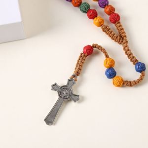 High Quality Catholic Rosary Chain Prayer <b>Beads</b> Colorful with Flower 10mm <b>Plastic</b> <b>Beads</b> Alloy Cross Jesus Charm Centerpiece - Product Image 4