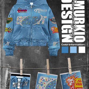Sudadera con capucha de algodón grueso para <span class=keywords><strong>hombre</strong></span> con cremallera, estilo vintage lavado, adornada con pedrería y parches de carreras, logotipo personalizado, venta al <span class=keywords><strong>por</strong></span> <span class=keywords><strong>mayor</strong></span> - Product Image 3