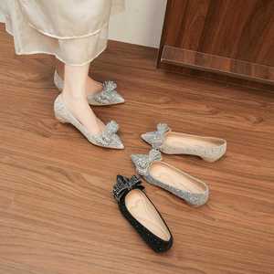 Solid Bridal Pumps Pointed Toe Glitter Bow Slip-On Med Heel <b>Height</b> <b>Increasing</b> Wedding <b>Shoes</b> - Product Image 3