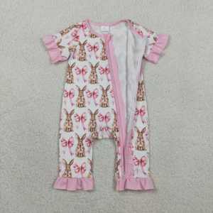 SR2020 Conjunto de pijama para bebé con lazos rosas y estampado de conejito de Pascua, mono para niños, conjunto de ropa de dormir cálida para niños - Product Image 5