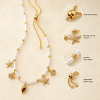 Collier tendance JinSpark avec pendentif perle étincelante, en acier inoxydable plaqué or, motif étoile de mer et coquillage, pour femme