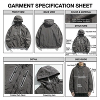 Veste technique à capuche pour homme, 100% polyester, gris foncé, style techwear Gorpcore, poches verticales doubles avec fermeture éclair, imperméable, personnalisable OEM