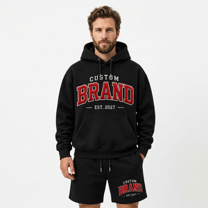 Custom Letter Embroidered <b>Men</b> Hoodie and <b>Shorts</b> Set <b>Black</b> Pullover Sweatshirt Jogger Outfit Casual Wear <b>Men</b> Hoodie & <b>Short</b> Set - Product Image 1