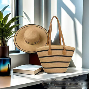 IStapromo Gifts High Quantity Custom Summer Beach Strip <b>Sun</b> <b>Shade</b> Wide Brim Straw Hat One Shoulder Underarm Bag Set - Product Image 3