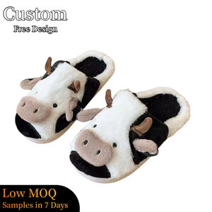 Özel desen kadın inek terlik kış sevimli karikatür Unisex Lady adam kış polar düz peluş kabarık kürk ev terlik kadınlar için - Product Image 1