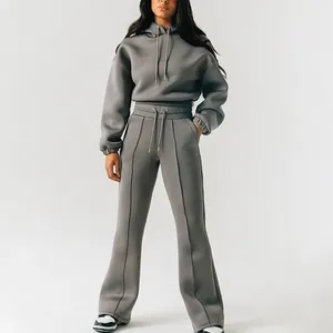 2 Stück Sweat suit Outfits Trainings anzug Set Langarm Crop Hoodie Wide Leg Flare Jogger Anzüge für Frauen