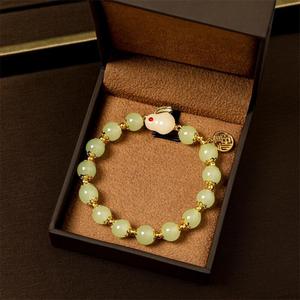 Chinese Style Jade Rabbit <b>Bracelet</b> For Women <b>Red</b> Beads Gold Accents Gift Jewelry - Product Image 3