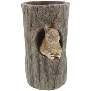 Polyresin Squirrel Hiding in Stump Figurine Candle Holder Home Decoration Statue Gray Color