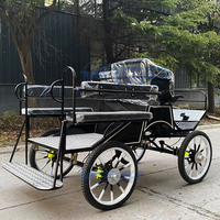 Mini-phaeton noir tiré par des chevaux, élégante calèche noire tirée par des poneys, calèche à quatre roues tirée par des chevaux