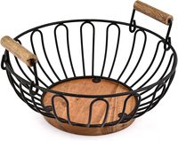 Panier à fruits en fil métallique avec base en bois massif et poignées en bois, bol de rangement vintage pour comptoir de cuisine pour fruits, légumes et collations