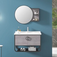 Meuble de salle de bain mural moderne et minimaliste avec lavabo, miroir intelligent et plateau en bois massif intégré